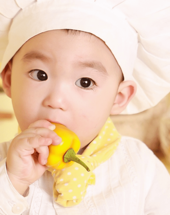 Bambino vestito da cuoco che mangia un peperone